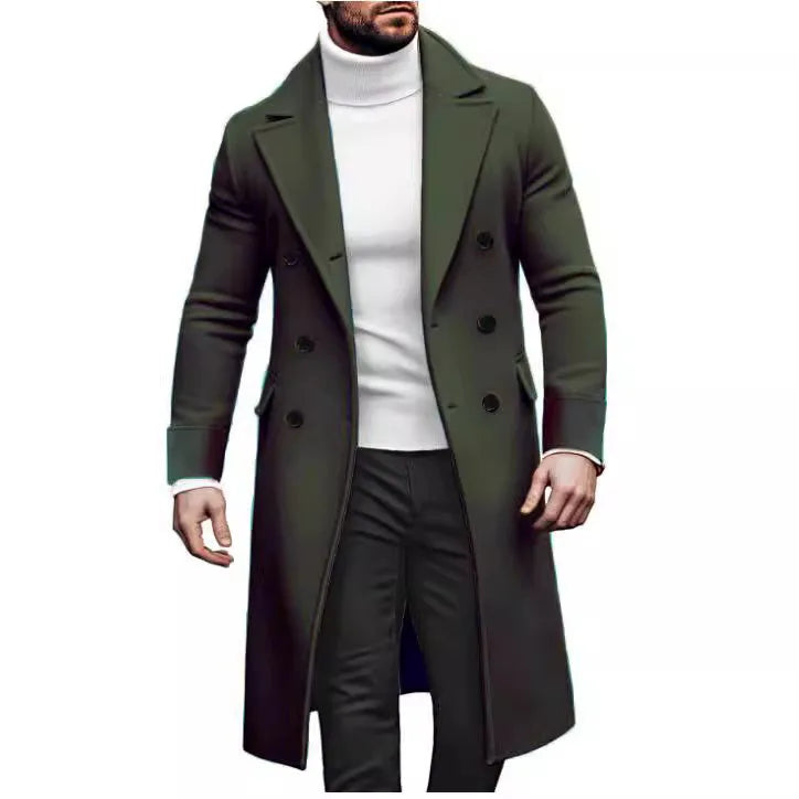 2024 Europe and America  Autumn Winter New Woolen Solid Color Long Sleeve Double Breasted Lapel Collar Men's Long Coat