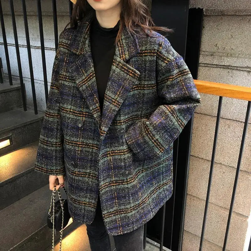 2024 Women Autumn Winter Korean Woolen Coat Plaid New Style Loose Tops Clothes Overcoat Lapel Collar Thick Coat