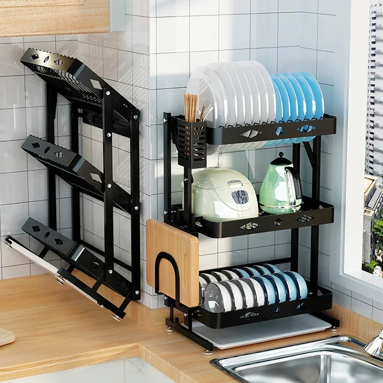 2021 New Wall-mounted/desktop Stainless Steel Foldable Dish Rack Dish Drainer Rack with Drip Tray Kitchen Accessories Organizer
