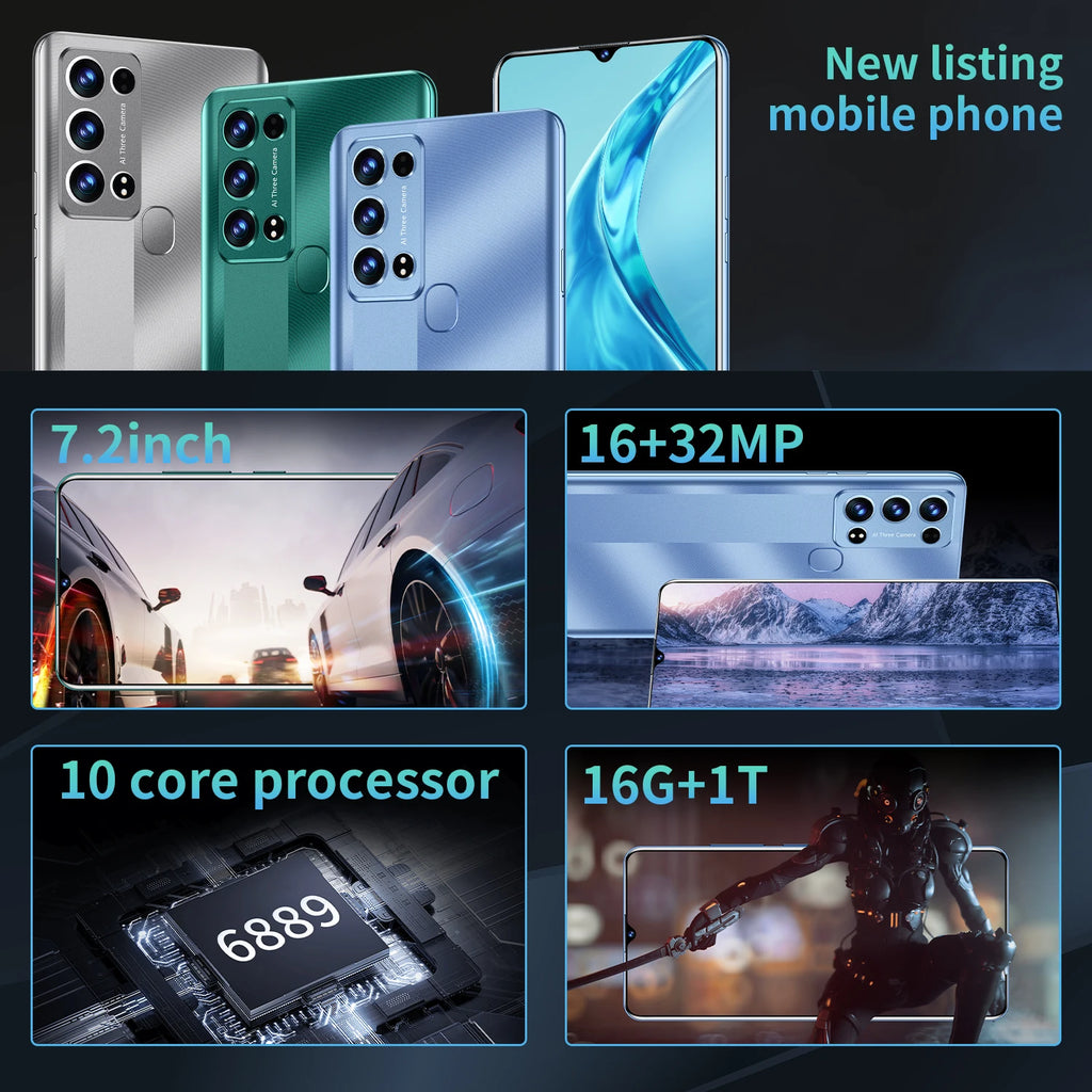 2023 New Arrival Rino9 Pro 16GB+1TB 16MP+32MP Android 12 Unlocked Cell Phone Dual SIM Card Mobile Smart Phone