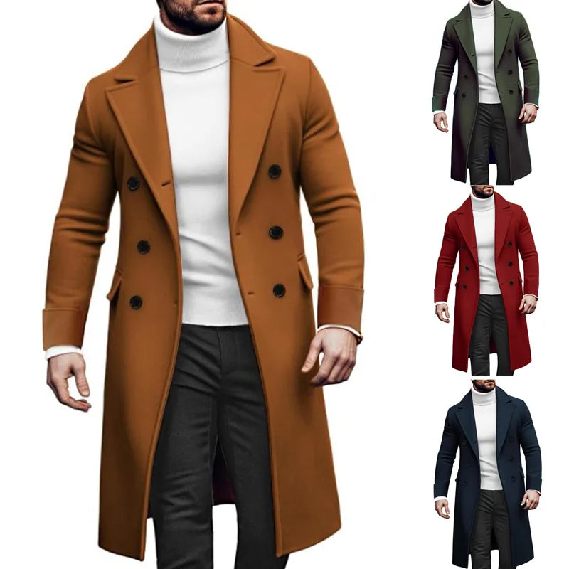 2024 Europe and America  Autumn Winter New Woolen Solid Color Long Sleeve Double Breasted Lapel Collar Men's Long Coat