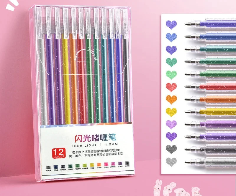 1.0MM Ins Simple 12 Colors Colorful Fluorescent Glitter Gel Ink Pen Set