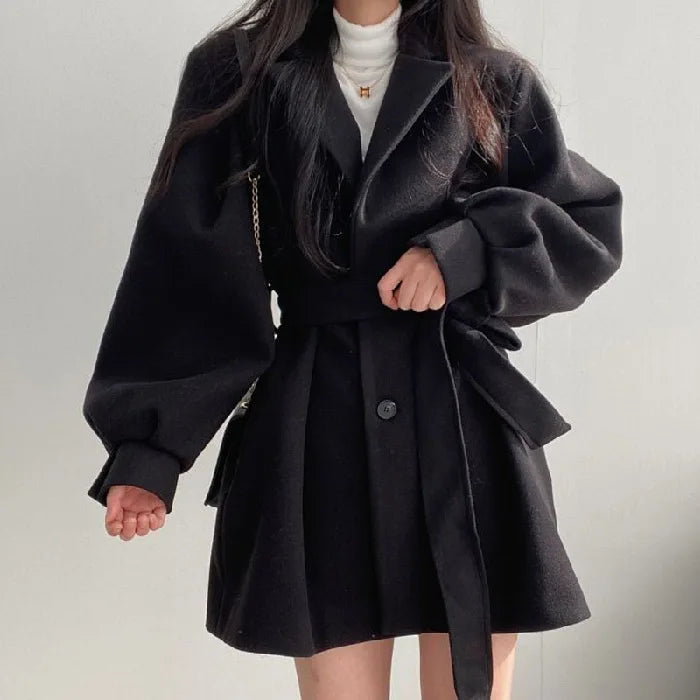 2025 Autumn Winter Women Suit Collar Coat Puff Sleeve Korea Solid Color Button Slim Loose Lady's Overcoat With Belt Casual Coat