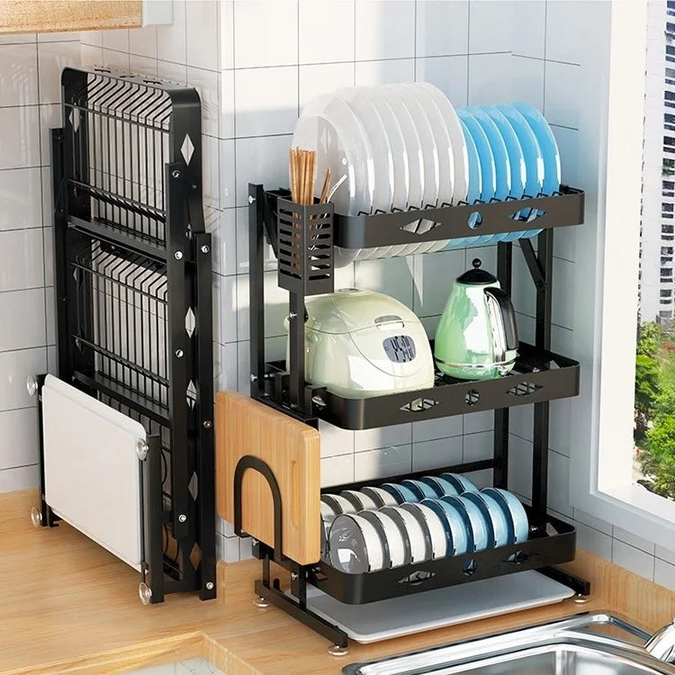 2021 New Wall-mounted/desktop Stainless Steel Foldable Dish Rack Dish Drainer Rack with Drip Tray Kitchen Accessories Organizer