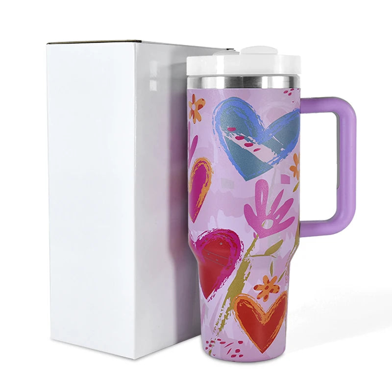 USA Shipped 40oz Stainless Steel Tumbler 3D Printed Pink Flower Travel Mug Luxury Flexible Handle for Hot Cold Beverages