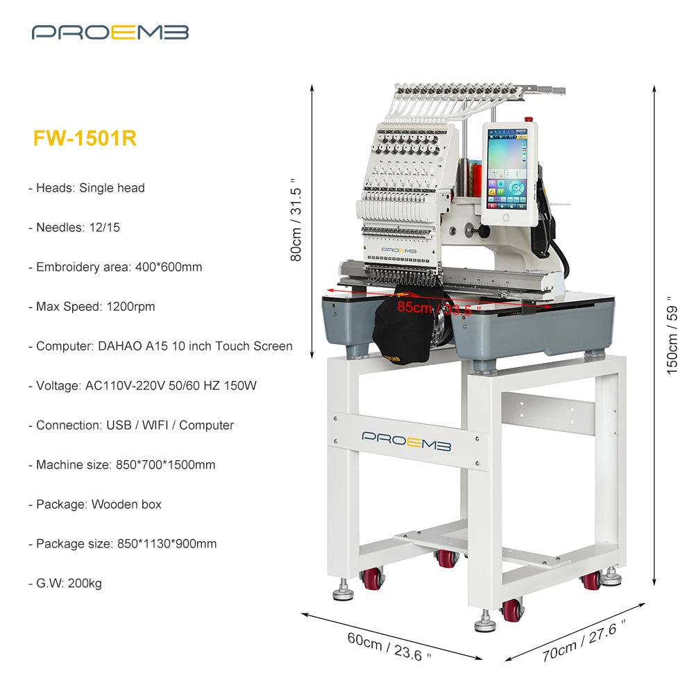 PROEMB FW-1501R Stock in US Home Use Single Head Latest Automatic Computer Cap 3D Computerized Patch Embroidery Machine