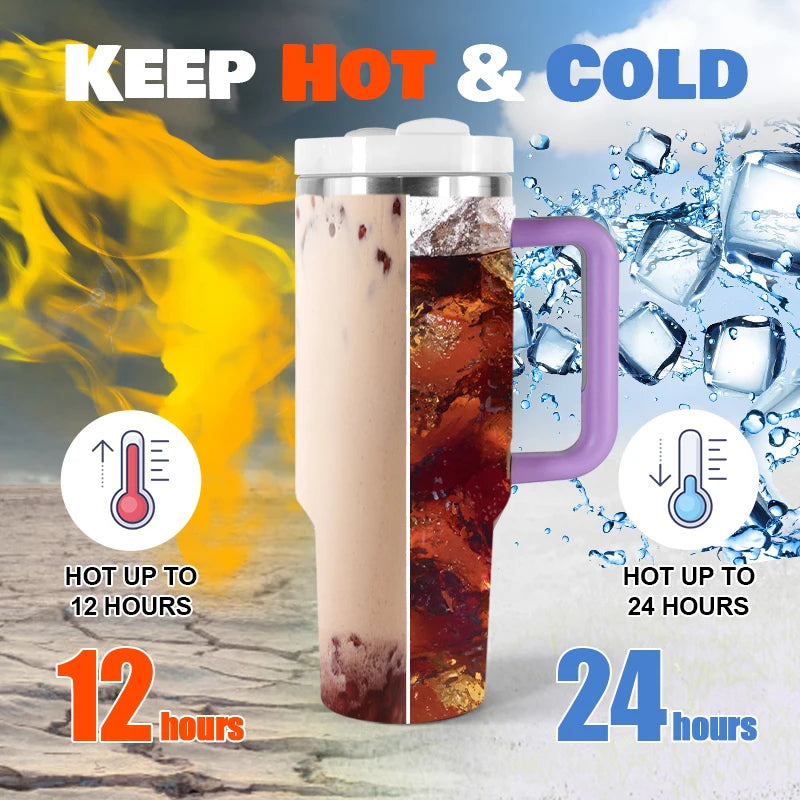 USA Shipped 40oz Stainless Steel Tumbler 3D Printed Pink Flower Travel Mug Luxury Flexible Handle for Hot Cold Beverages