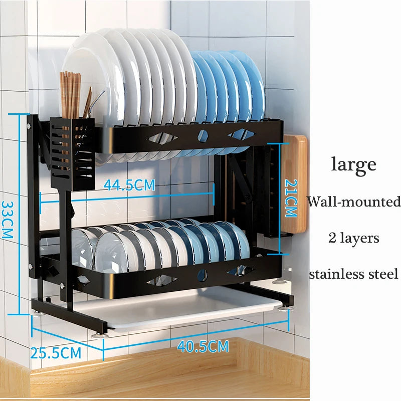 2021 New Wall-mounted/desktop Stainless Steel Foldable Dish Rack Dish Drainer Rack with Drip Tray Kitchen Accessories Organizer