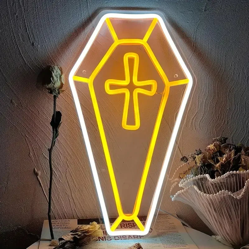 1pc Spooky Halloween Coffin Cross Neon Sign Jesus Cross LED Wall Decor Golden White Adult Gifts Home Decor