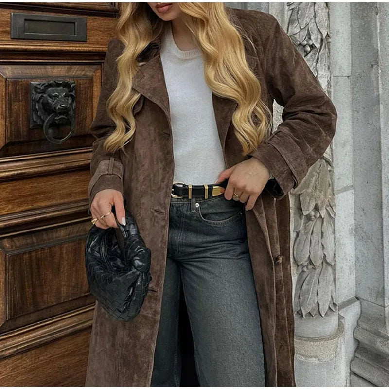 2025 Autumn Winter Elegant Suede Leather Belt Long Trench Brown Coat Fashion Warm Double Button Jacket High Quality Women Coat