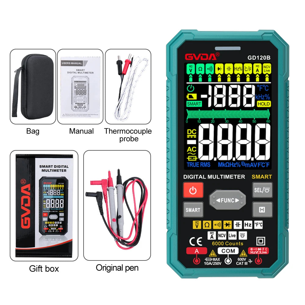 GVDA 6000 Counts Smart Digital Multimeter with Capacitance Ohm Diode Multimetro NCV Hz Live Wire test