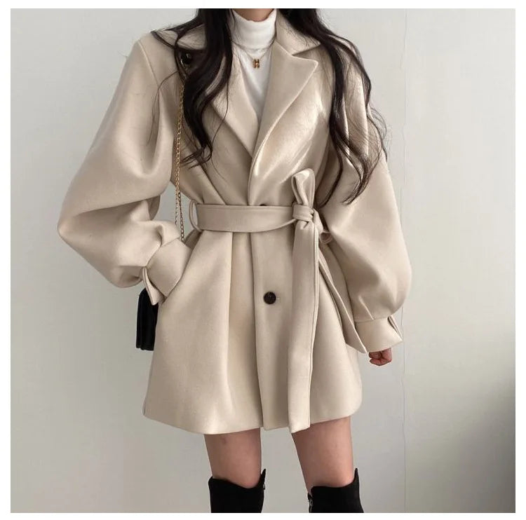 2025 Autumn Winter Women Suit Collar Coat Puff Sleeve Korea Solid Color Button Slim Loose Lady's Overcoat With Belt Casual Coat