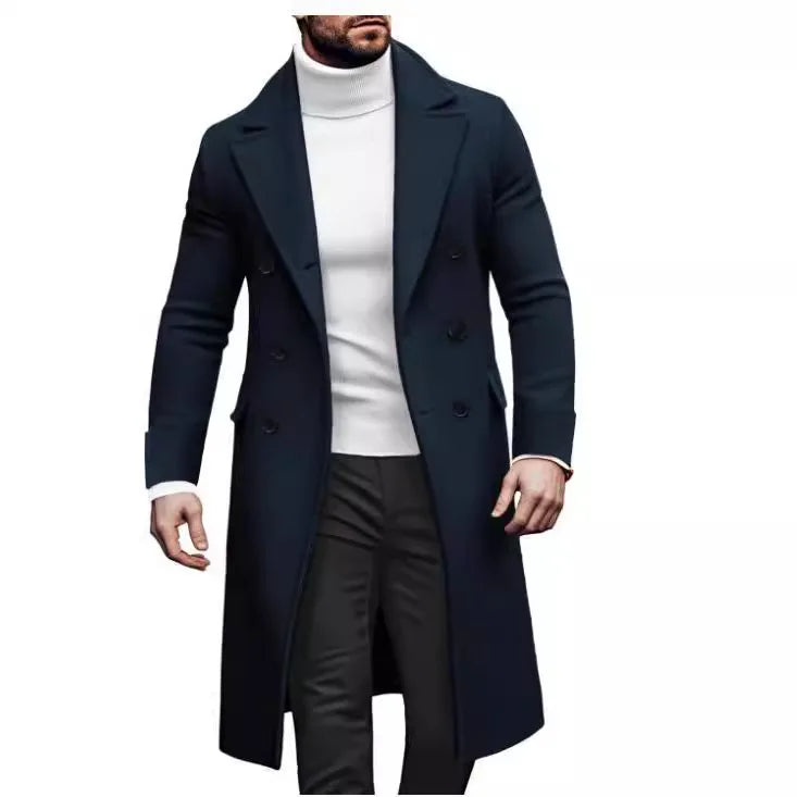 2024 Europe and America  Autumn Winter New Woolen Solid Color Long Sleeve Double Breasted Lapel Collar Men's Long Coat