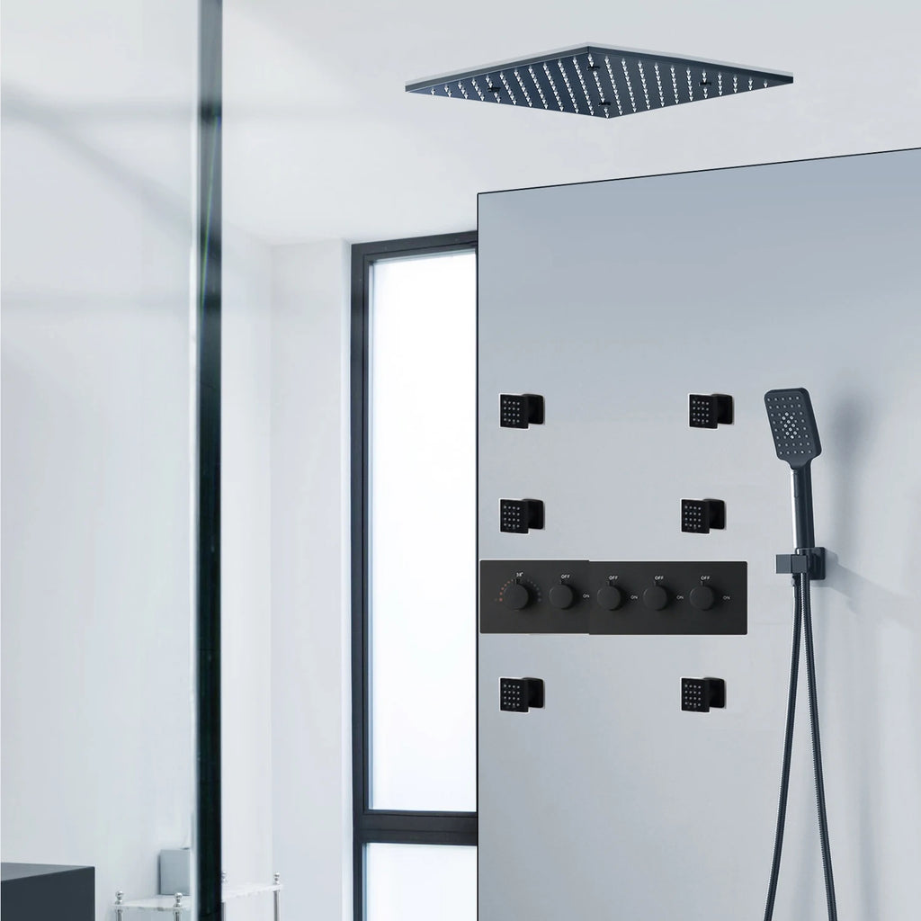 20 Inches Ceiling Mounted Square Led Shower Panel Set Rainfall Spray Thermostatic Valve Mixer With Side Jets