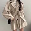 2025 Autumn Winter Women Suit Collar Coat Puff Sleeve Korea Solid Color Button Slim Loose Lady's Overcoat With Belt Casual Coat