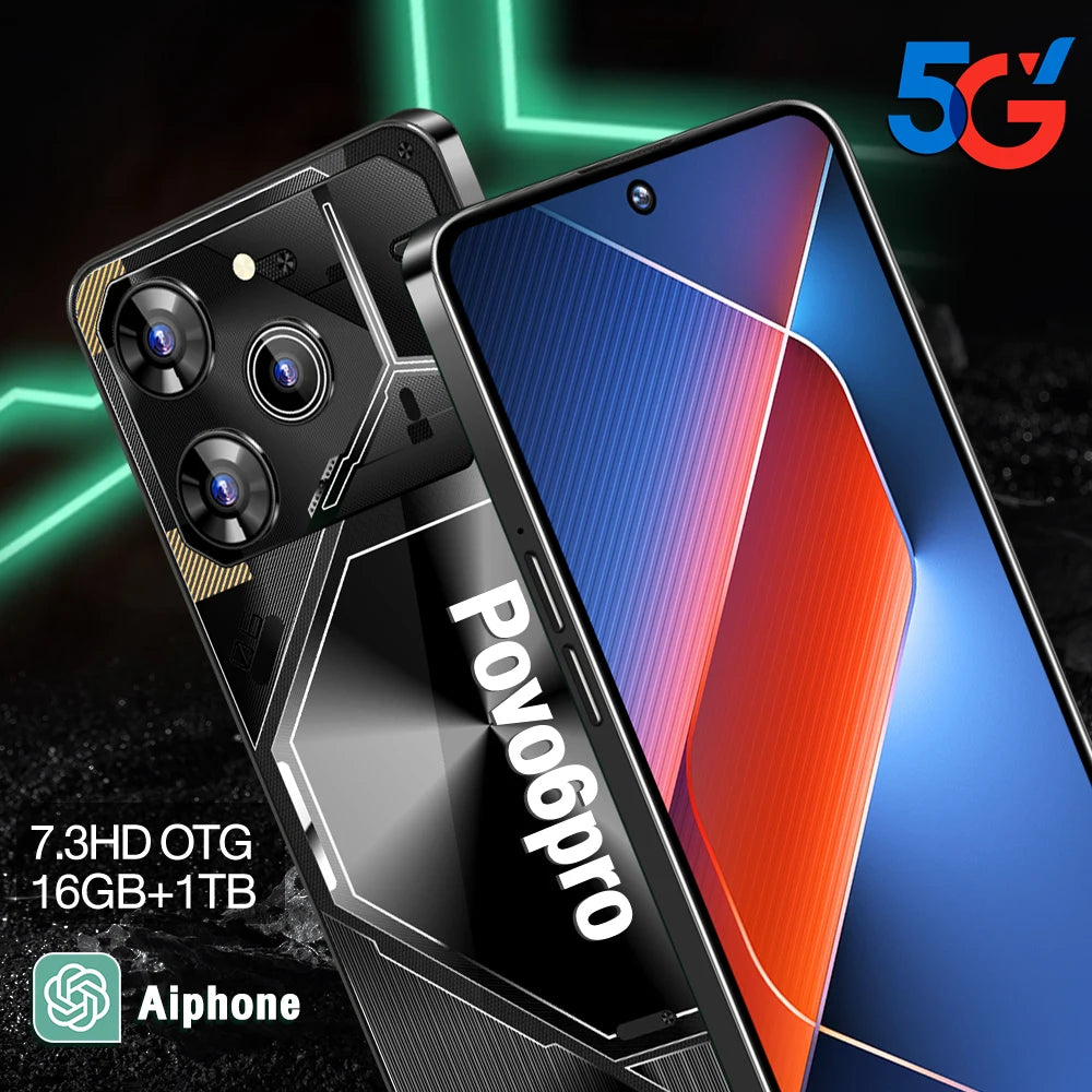 2022 Original Povo6pro Global 5G Smartphone 7.0 Inch 16GB+512GB Cellphone GPS Navigation Cheap Original Android Mobile Phone