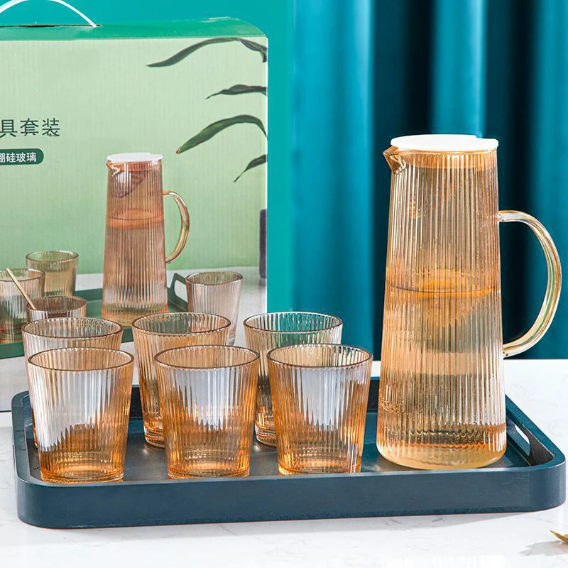 Stripes Plated Color Glass Carafe Water Pitcher Set With Lid