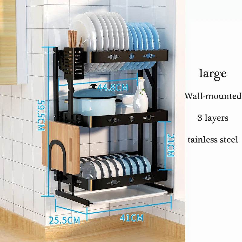 2021 New Wall-mounted/desktop Stainless Steel Foldable Dish Rack Dish Drainer Rack with Drip Tray Kitchen Accessories Organizer
