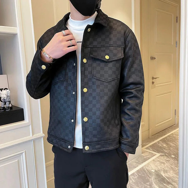 2025 Autumn Winter Suede Plaid Jacket for Men Lapel Slim Fit Casual Business Bomber Jacket Social Streetwear Windbreaker Coat