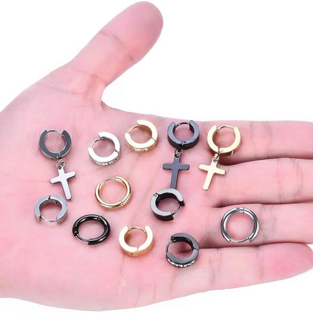 12 Pairs Stainless Steel Small Hoop Earrings Set Huggie Earrings CZ Inlaid Dangle Hinged  Stud Earrings for Mens