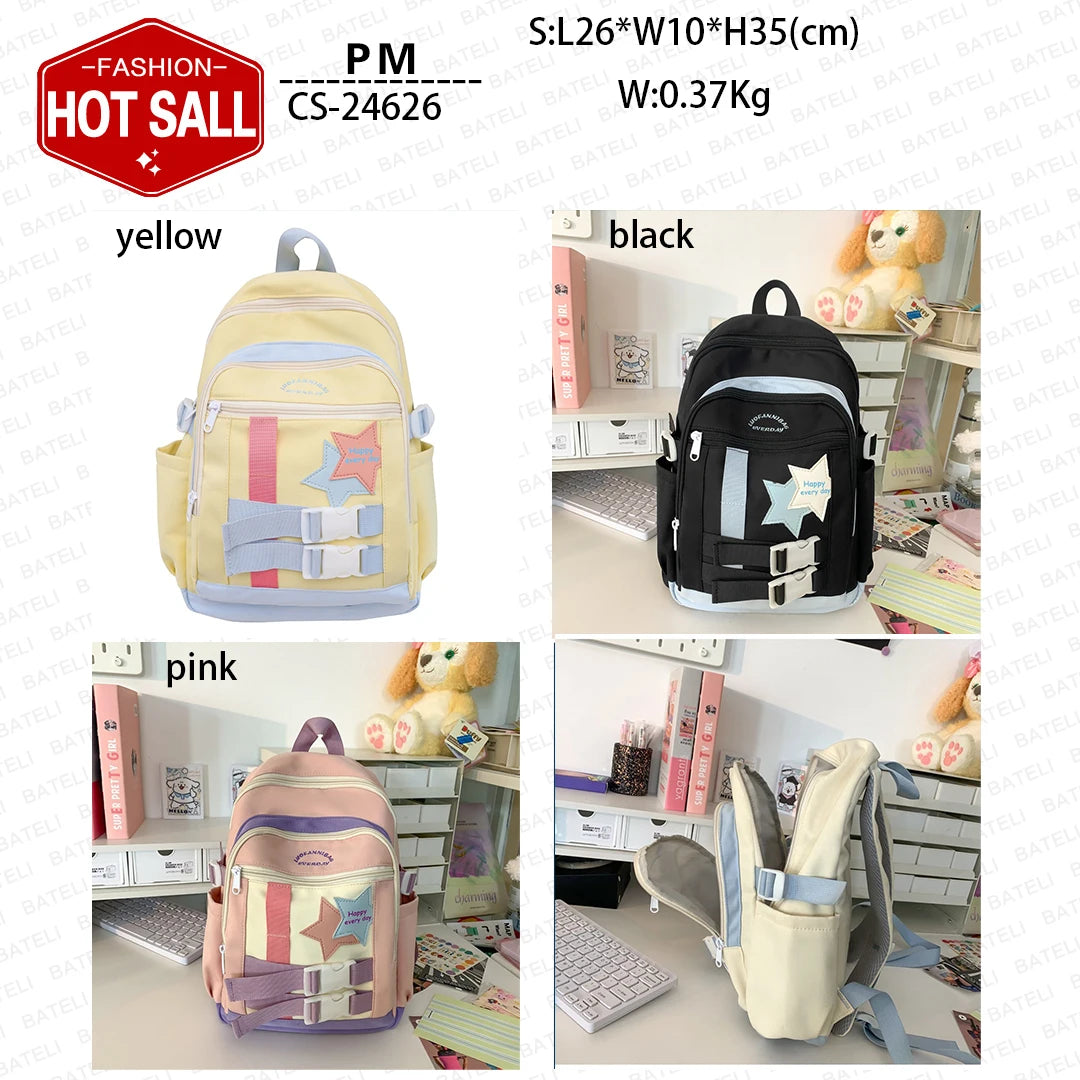 2024 New School Bag Fashion Contrast Color Nylon Five Pointed Star Large Capacity Backpack Trendy Female College Students