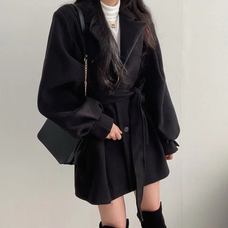 2025 Autumn Winter Women Suit Collar Coat Puff Sleeve Korea Solid Color Button Slim Loose Lady's Overcoat With Belt Casual Coat