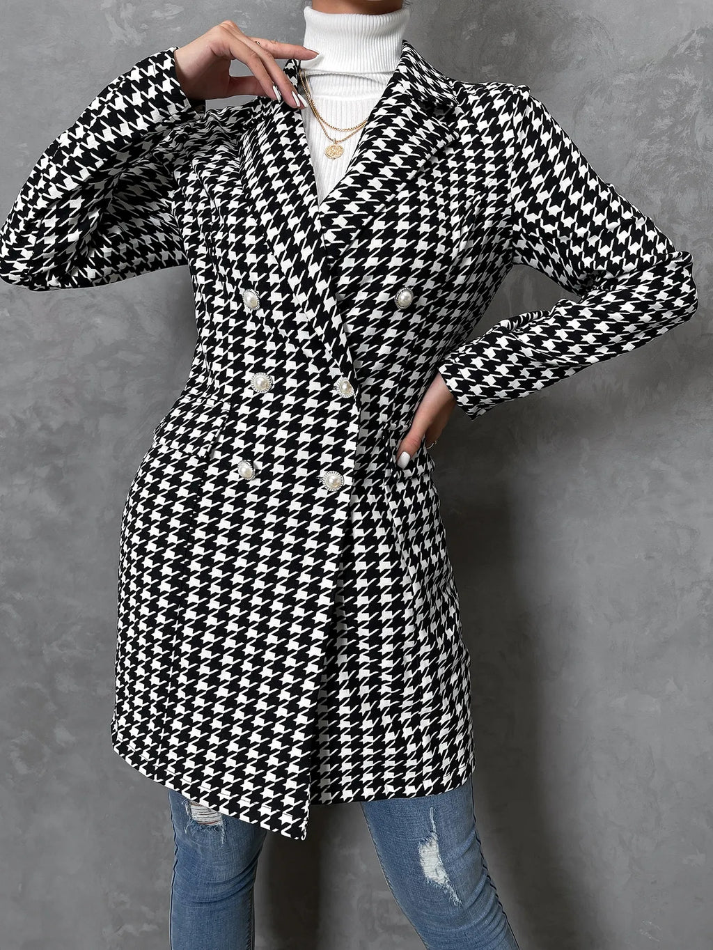2023 Fashion Plaid Suits Turn Down Collar Double Button Mid-Length Casual Coat Swallow Gird Print Coat for Ladies