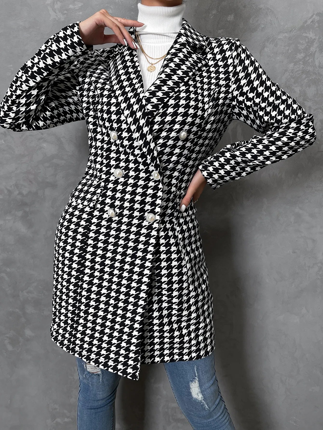2023 Fashion Plaid Suits Turn Down Collar Double Button Mid-Length Casual Coat Swallow Gird Print Coat for Ladies