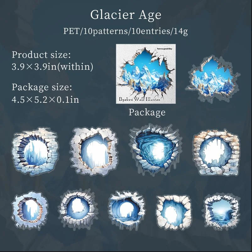 10 Sheets/pack PET Stickers Broken Wall Illusion Series Three-dimensional Wall Hole DIY Decorative Stickers 6 Styles