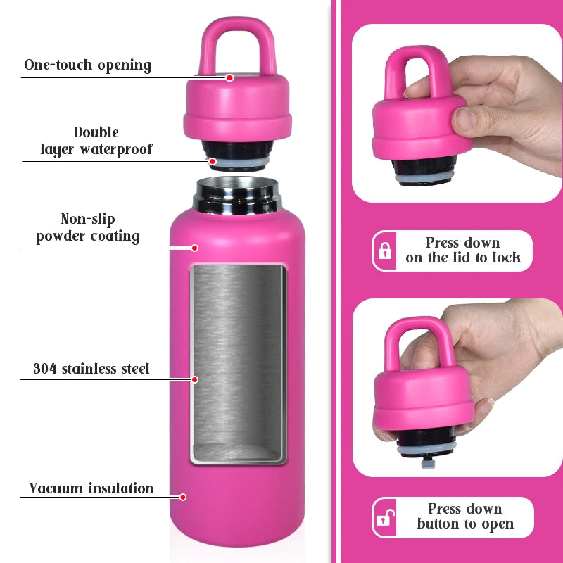 US RTS 26oz Stainless Steel Water Bottle Powder Coating Double Walled Tumbler Press Open Lid Vacuum Flask for Laser Hot Pink