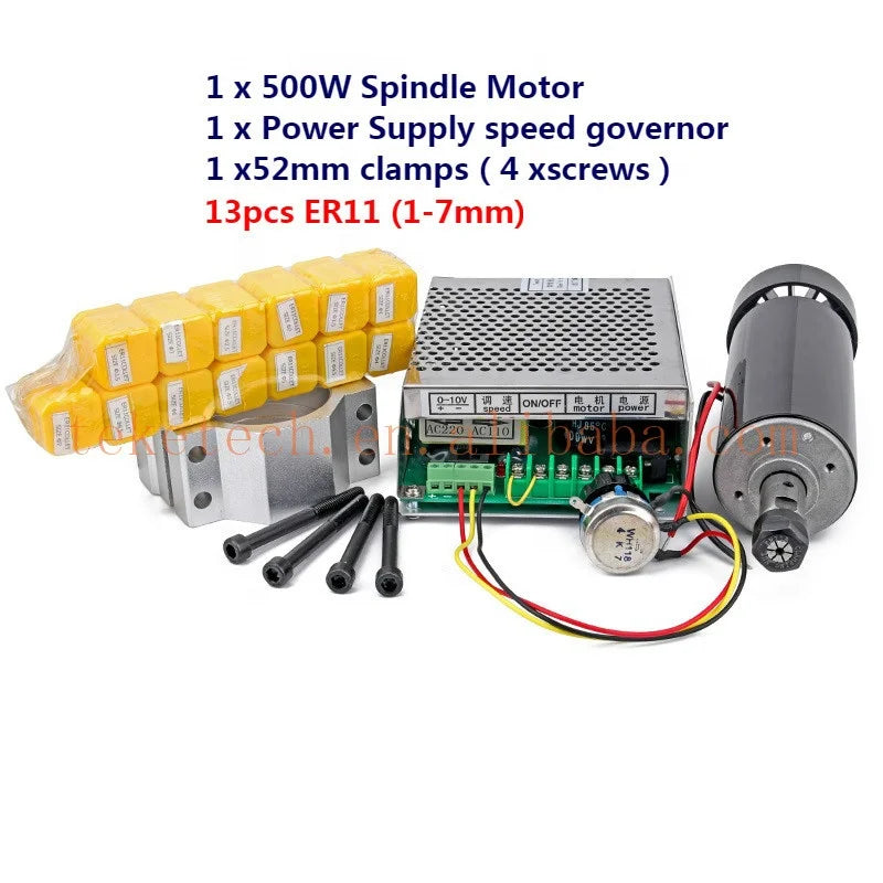 0.5kw Air Cooled Spindel ER11 Chuck 500W  52mm Clamp Power Supply Speed Governor CNC Spindle Motor For PCB Engraving