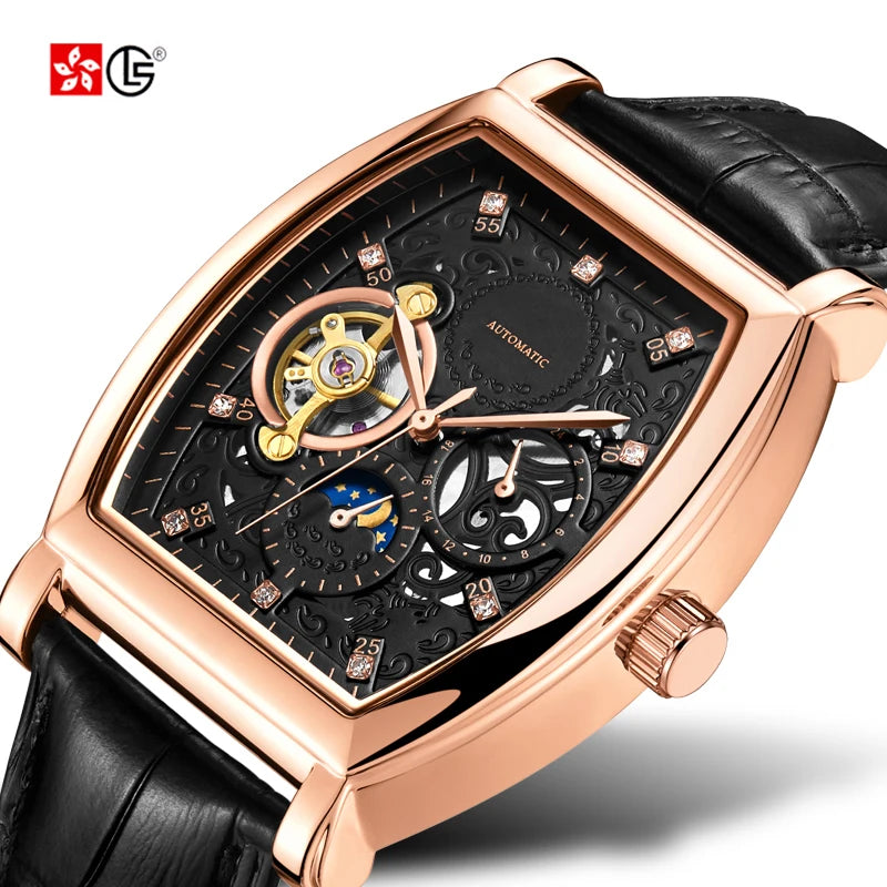 Real Tourbillon Hollow Out Men Watch Luxury Business Leather Automatic Mechanical Moon Watch