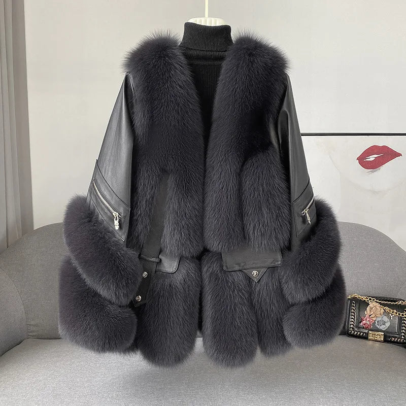 2024 Winter Ladies Real fox Fur Jacket Genuine Sheep Leather Coat with fox Fur Female Fashionable Fur Jackets