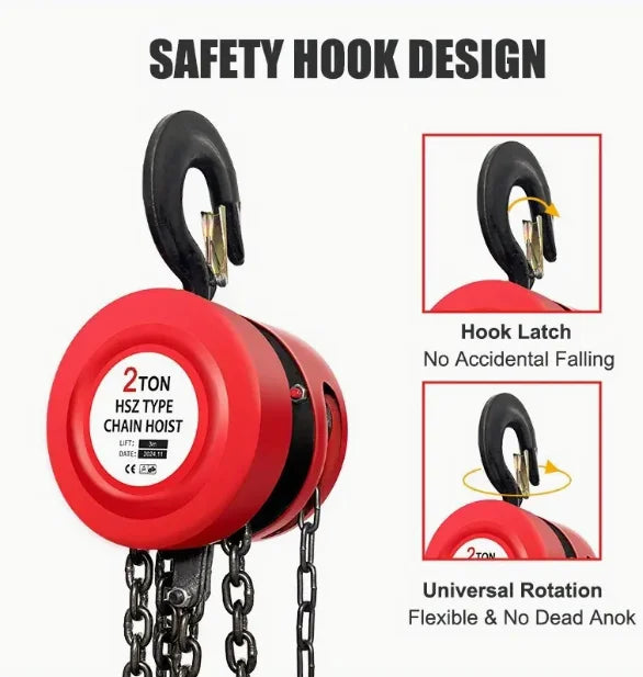 2 Ton (4400 Lbs) Industrial Steel Hand Chain Hoist, 20ft Lift, Red, for Warehouse/Workshop/Transport CE Certified