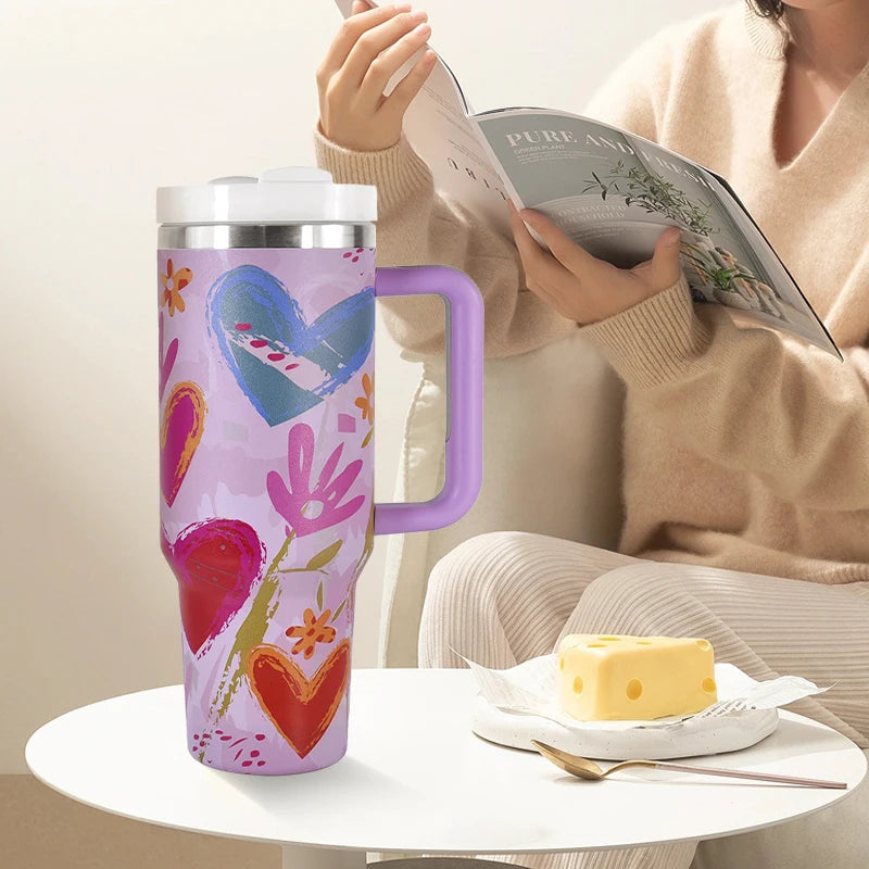 USA Shipped 40oz Stainless Steel Tumbler 3D Printed Pink Flower Travel Mug Luxury Flexible Handle for Hot Cold Beverages
