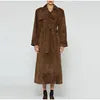 2025 Autumn Winter Elegant Suede Leather Belt Long Trench Brown Coat Fashion Warm Double Button Jacket High Quality Women Coat