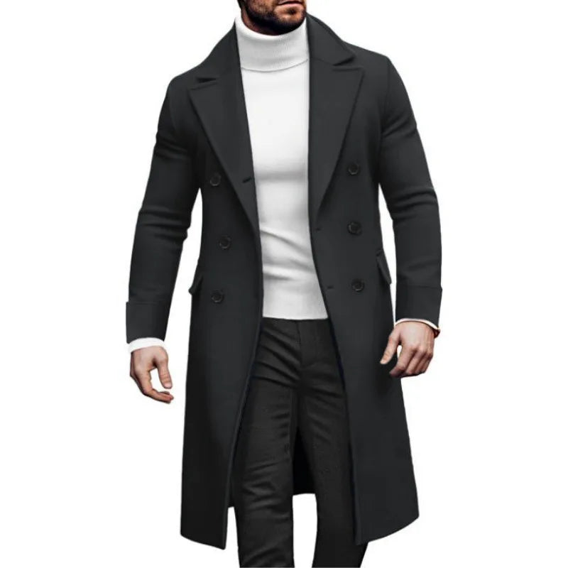 2024 Europe and America  Autumn Winter New Woolen Solid Color Long Sleeve Double Breasted Lapel Collar Men's Long Coat