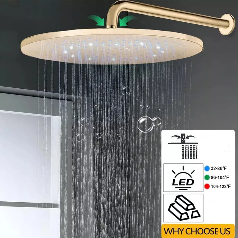 12-Inch Brushed Gold LED Rain Shower Head System Thermostatic Mixer with Single Handle Contemporary Brass Design for Hotels