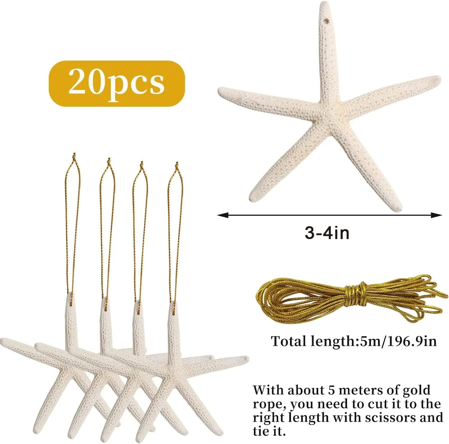 20 PCS Christmas Starfish Hanging Ornaments 3-4'' Natural Starfish with Rope