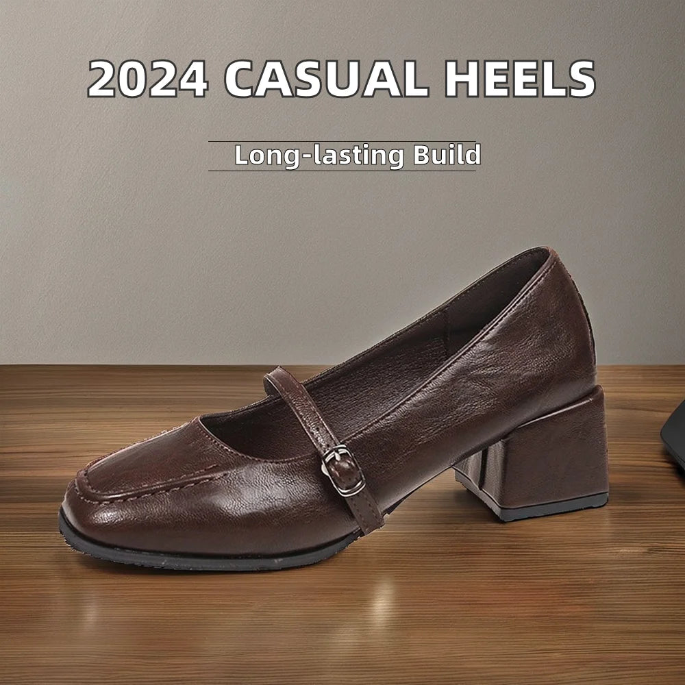 2024 Autumn New Women's High Quality Leather Casual Pumps Square Heel Closed Toe Sporty Style Low Daily Use Lady Shoes Wholesale