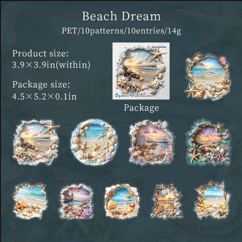 10 Sheets/pack PET Stickers Broken Wall Illusion Series Three-dimensional Wall Hole DIY Decorative Stickers 6 Styles