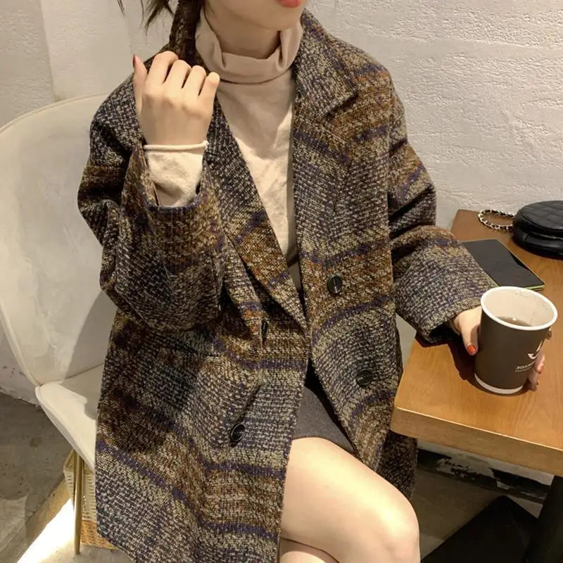 2024 Women Autumn Winter Korean Woolen Coat Plaid New Style Loose Tops Clothes Overcoat Lapel Collar Thick Coat