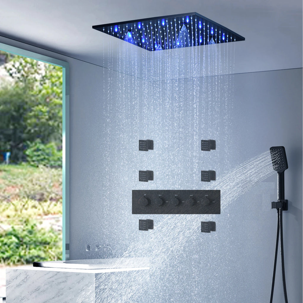 20 Inches Ceiling Mounted Square Led Shower Panel Set Rainfall Spray Thermostatic Valve Mixer With Side Jets