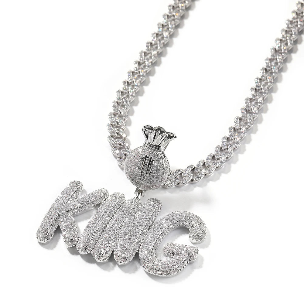 2023 New AAA CZ King Pendant Necklace Iced Out Bling Silver Color Cubic Zirconia US Dollar Buckle Charm Women Men Hiphop Jewelry
