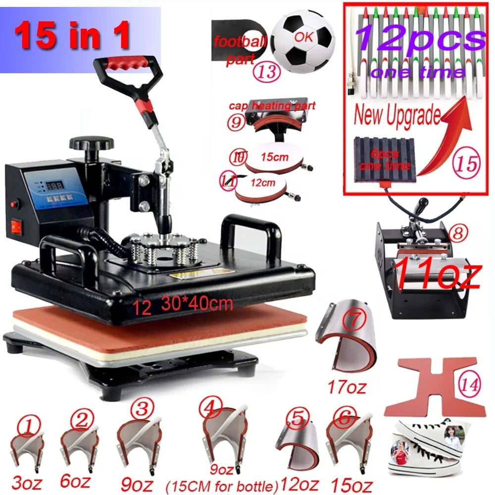 15 in 1 Heat Transfer Machine for T-shirt Mug Hat Plate Glass Ball Shoes Digital Display 15 in 1 Combo Heat Press Machine