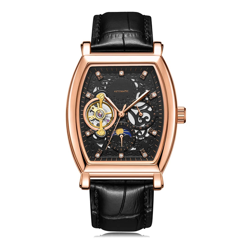 Real Tourbillon Hollow Out Men Watch Luxury Business Leather Automatic Mechanical Moon Watch