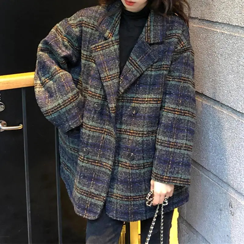 2024 Women Autumn Winter Korean Woolen Coat Plaid New Style Loose Tops Clothes Overcoat Lapel Collar Thick Coat
