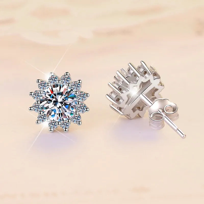 Husky Jewelry Sunflower Fashion Wedding Party 925 Silver Crystal 1Ct*2 VVs1 Moissanite Diamond Stud Earrings