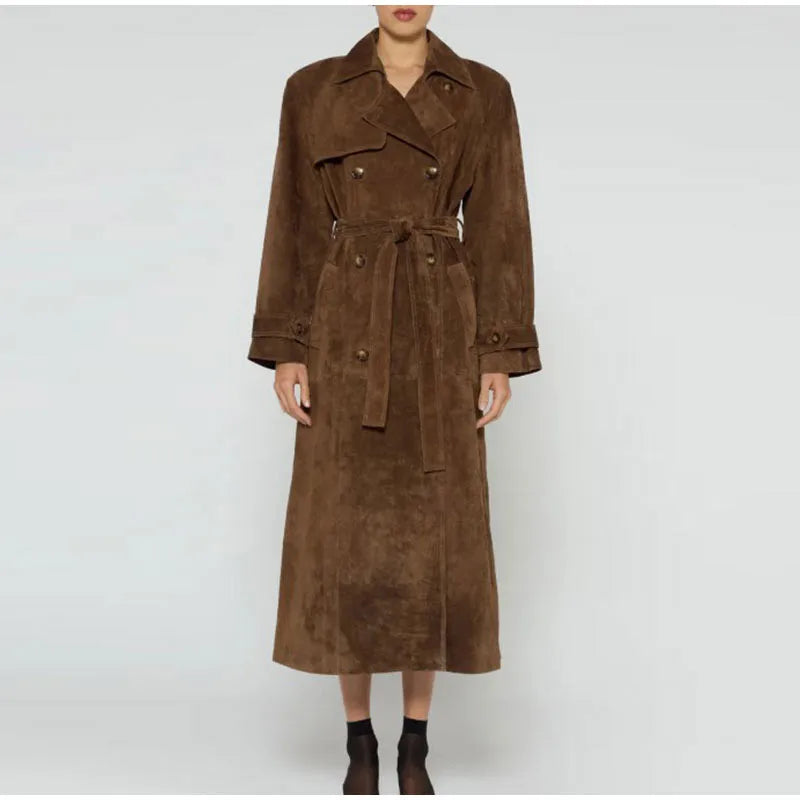 2025 Autumn Winter Elegant Suede Leather Belt Long Trench Brown Coat Fashion Warm Double Button Jacket High Quality Women Coat