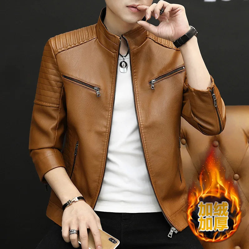 2021 Men's Casual PU Leather Jacket Coat Stand Collar New Korean Version Handsome Flight Motorcycle Jacket for Spring Autumn